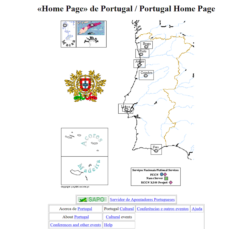 Home Page de Portugal Capture of the first website available in Portuguese with a map of Portugal, from 1996